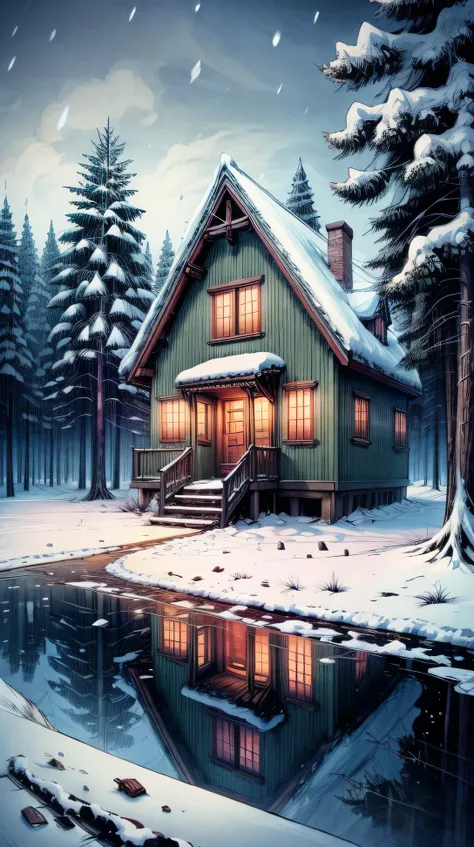 Anime-style, woody house in a snowy forest, soft light, snow gently falls outside, creating a warm and peaceful winter night