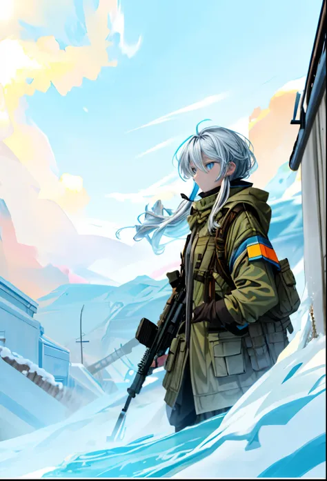 Female military personnel,Silver shoulder-length hair,blue eyes,Expressionless,Carrying a huge sniper rifle,cool