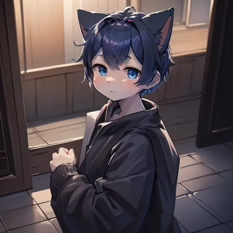 (,4K,8K,high resolution,masterpiece:1.2),Extremely detailed,(Practical,photoPractical,photo-Practical:1.37),Serious expression,Blue short hair,Cat ears,Cat&#39;s Tail,Green eyes furry,Shota,boy,Lovely,illustration,Digital Painting,Studio Lighting,Vibrant c...