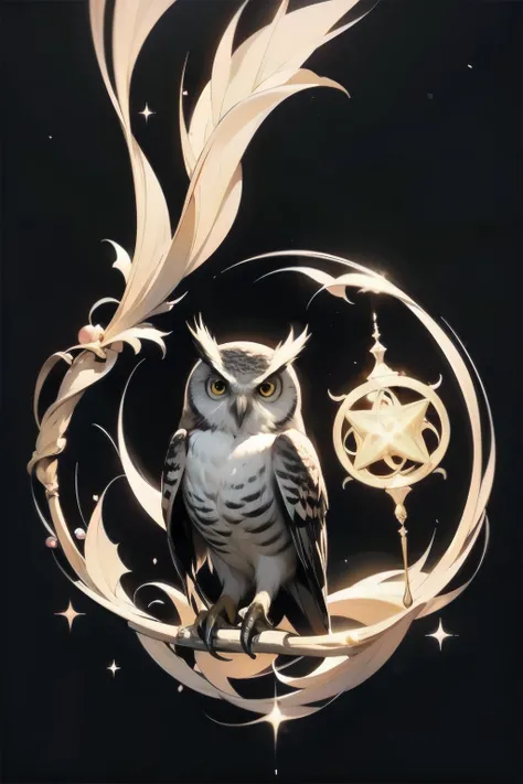 Colorful owl drawing on a black background,Breathtaking Rendering, In a shining connection, Inspired by Kinuko Y. Crafting,, Magical Elements,oh, beautiful, Cast a variety of spells, bright flash, flash  