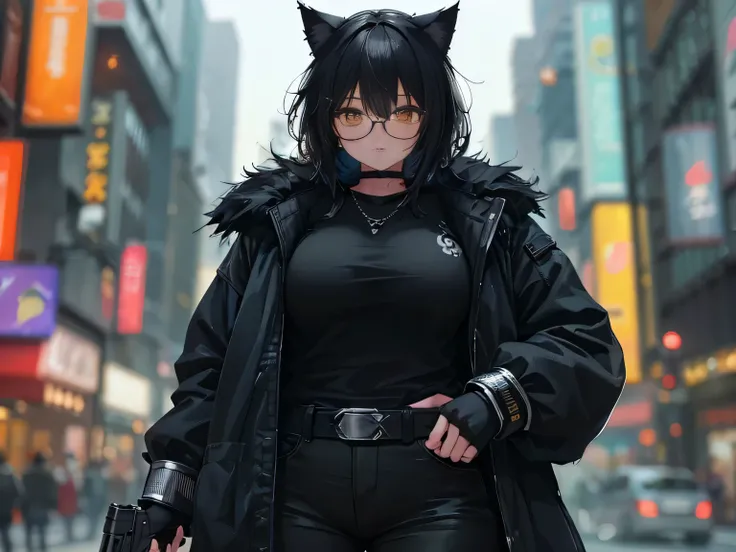 ・Target - A slightly plump woman with a cat motif ・Hairstyle - Black hair、Her hairstyle is messy and medium length.、Cat ears growing。Cat ears, silver cuffs, facial features - Caucasian facial features、Golden Eyes、Long double teeth, Appearance - Caucasian s...