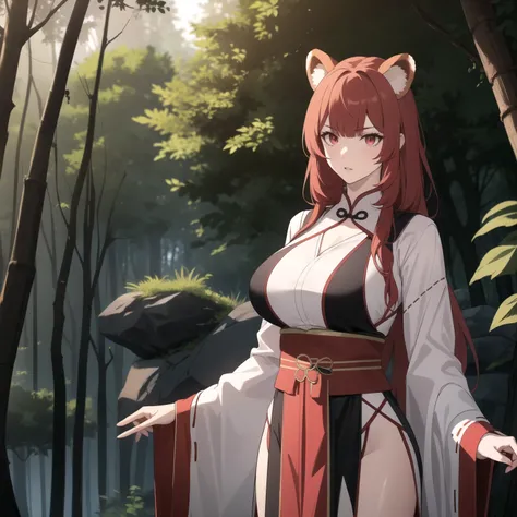 lonely woman, red panda girl,  red panda ears., red hair with white, red eyes,  pale skin, , ,  challenging look .Big Breasts , Black and blue low-cut ancient Chinese costume, accessories and jewelry, background a forest.