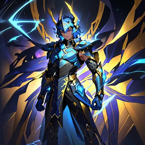 A drawing of a man in a golden and blue futuristic armor, featuring sleek plates that merge seamlessly across the body. Inspired by Knights of the Zodiac, the armors chest plate extends into large, integrated shoulder pieces that flow smoothly from the che...