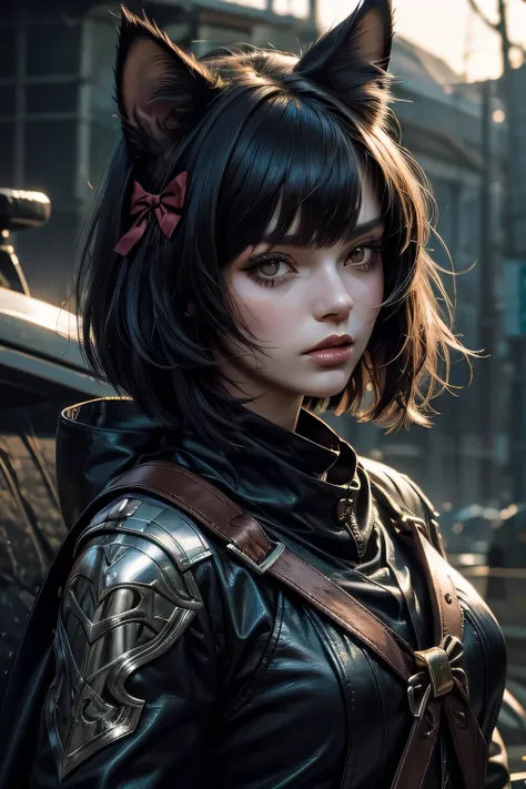 Bust shot of A cat-eared beast girl in a hunter outfit, Shiny bob hair, aiming for her prey with a bow, a sharp gaze, super Realistic