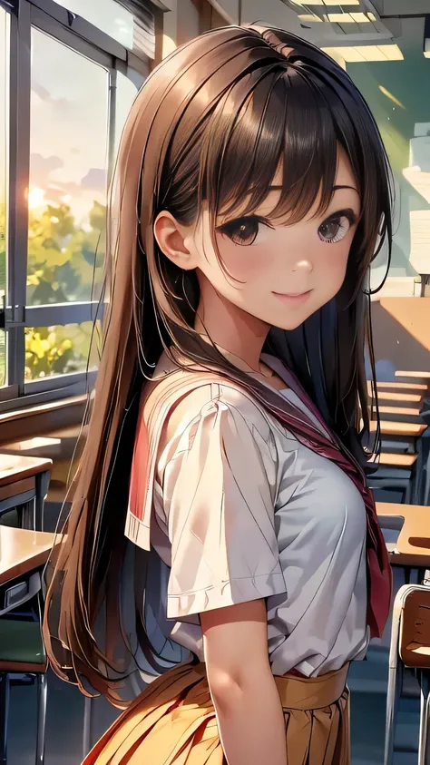 (High Resolution)、(High image quality)、(Masterpiece)、School、classroom、Summer sunset、Brown long hair、Brush your hair back、smiling、Detailed Description、Window、beautiful girl、、Summer uniform、