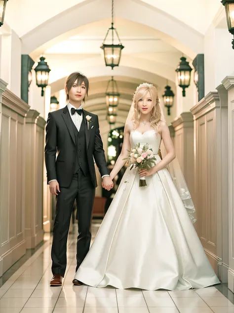 bride and groom holding hands in hallway of hotel room, wedding photo, wedding, bride and groom, ayami kojima and yoshitaka amano, groom, lovely couple, tsutomo nihie, happy couple, to, yukio - e, happy!!!, hayao miyazki, narumi kakinouchi, bride, with, it...