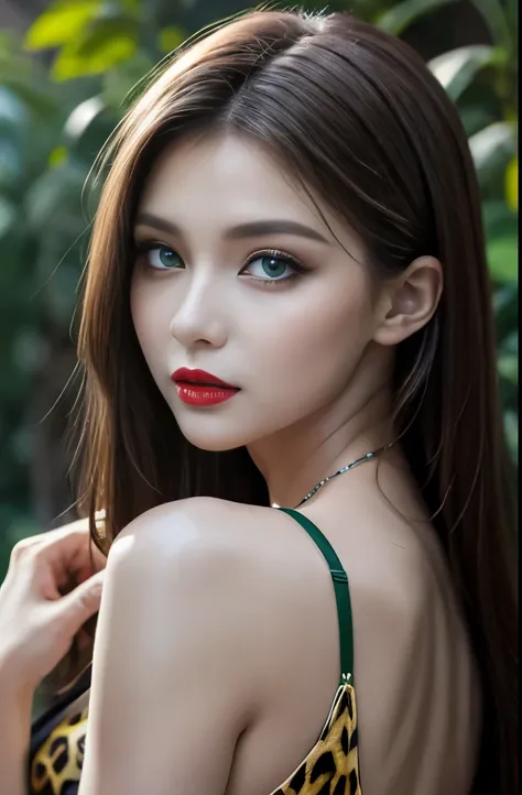 8k, Alone, beautiful girl, sexy Mana, Female leopard, compensate, Sharp Focus, lipstick, Red lips, Portrait realistic, Green Eyes, View your viewers, Painting, butterfly,