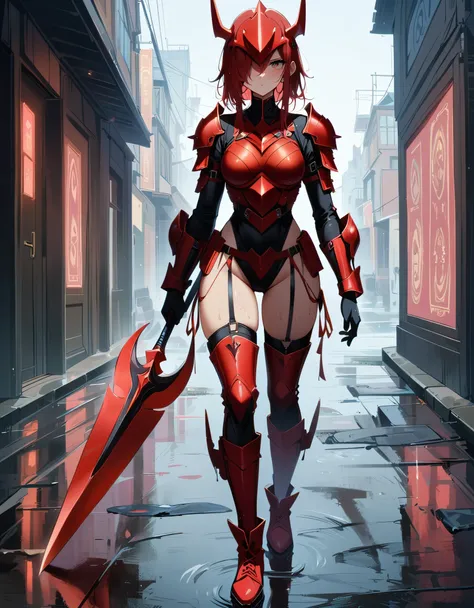 (masterpiece, best quality:1.2),solo,dark skin,sweating skin, (1 female warrior,red long hair)(hair over one eye, wet hair),wearing Red metal Armor，Red Dragon Helmet,her right hand carry a golden spear，Full body