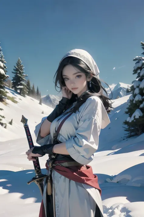 Draw the sword of the snowy mountain, Ancient women&#39;s cold ice flame sword, A sword blazing with blue flames in hand, White-clothed sword dancing in the snow, long hair fluttering, A beautiful woman with a long silver sword, Wear the jade gem, Her face...