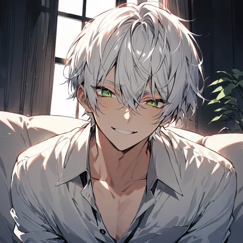 Alone, handsome, 1 Male, short hair, White hair, Green eyes, sitting on the sofa, window, Yandere, Suspicious smile, {Emphasize sitting on the sofa}, Facing Forward, Facing Forward Camera, {Handsome highlight}, {Emphasis on men in their 20s}