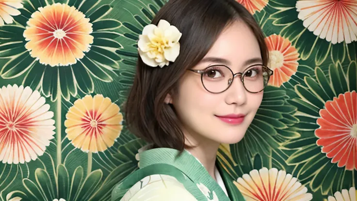 2 (20-year-old woman,Short Hair) , (A kind smile) , (kimono), (colorful), (Japanese painting by Uemura Shōen), flower, Glasses