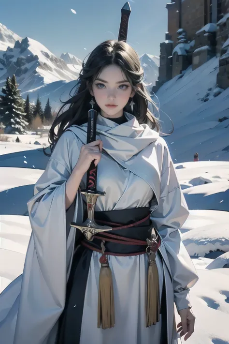 Draw the sword of the snowy mountain, Ancient women&#39;s cold ice flame sword, A sword blazing with blue flames in hand, White-clothed sword dancing in the snow, long hair fluttering, A beautiful woman with a long silver sword, Wear the jade gem, Her face...