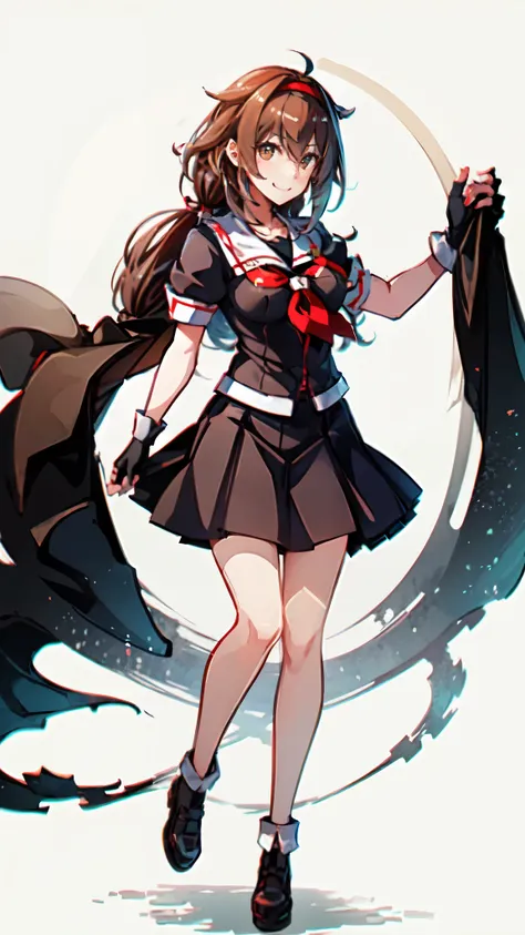 Best Quality, masterpiece, High resolution, One person, {Kantai Collection_White Dew:1.15} Brown Hair、Long Hair、Thighs、Short sleeve、Pleated skirt、Hairbands、Black Sailor Suit、Black gloves、Fingerless gloves、Black Skirt、neckerchief、Medium breast、White backgro...