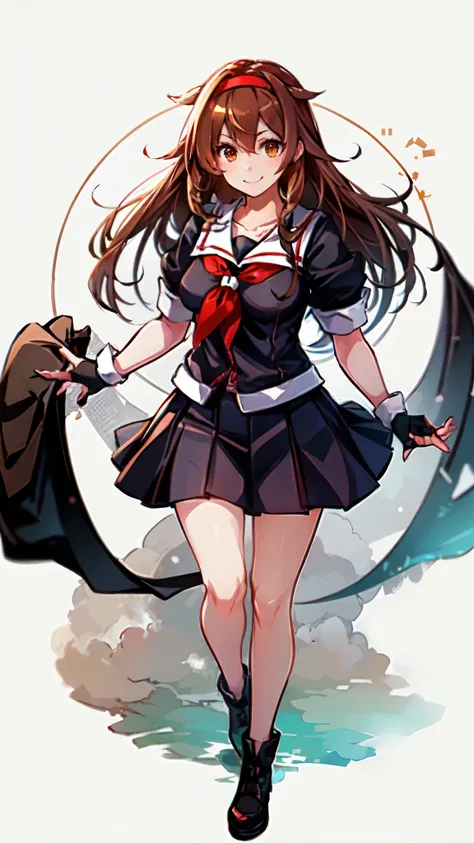 Best Quality, masterpiece, High resolution, One person, {Kantai Collection_White Dew:1.15} Brown Hair、Long Hair、Thighs、Short sleeve、Pleated skirt、Hairbands、Black Sailor Suit、Black gloves、Fingerless gloves、Black Skirt、neckerchief、Medium breast、White backgro...