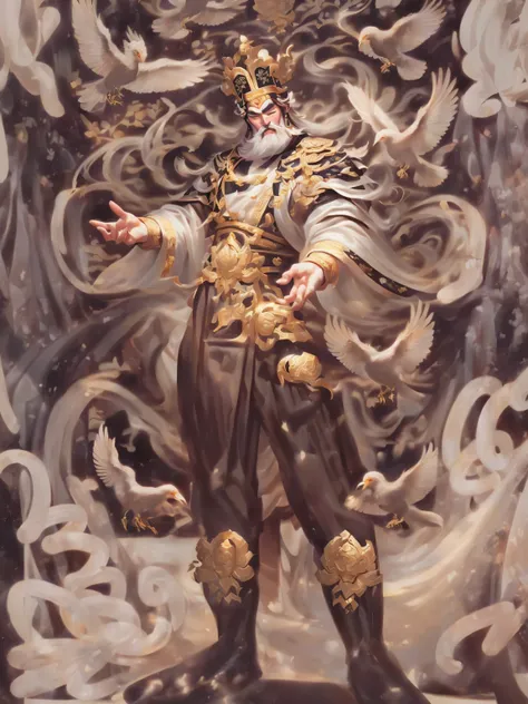 painting of a man with a large body and a lot of birds, inspired by Fenghua Zhong, by Qu Leilei, onmyoji detailed art, by Wuzhun Shifan, inspired by Huang Shen, feng zhu concept art, inspired by Feng Zhu, inspired by Hu Zaobin, by Yang J, g liulian art sty...