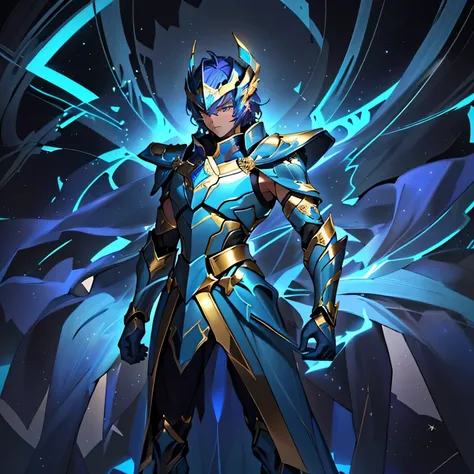 A drawing of a man in a golden and blue futuristic armor, featuring sleek plates that merge seamlessly across the body. Inspired by Knights of the Zodiac, the armors chest plate extends into large, integrated shoulder pieces that flow smoothly from the che...