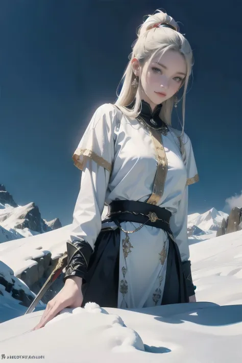 Draw the sword of the snowy mountain, Ancient women&#39;s cold ice flame sword, A sword blazing with blue flames in hand, White-clothed sword dancing in the snow, long hair fluttering, A beautiful woman with a long silver sword, Wear the jade gem, Her face...