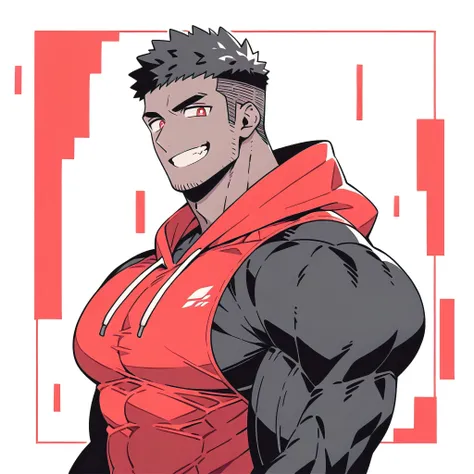 anime characters：Priapus, Black Black Skin Muscle Sports Student, Manliness, male focus, Red Sports tight hooded sweatshirt,  Wear a high-necked tights underneath, Very tight, Huge pectoral muscles, muscular male, muscular, Perfect muscular waist, only, Up...