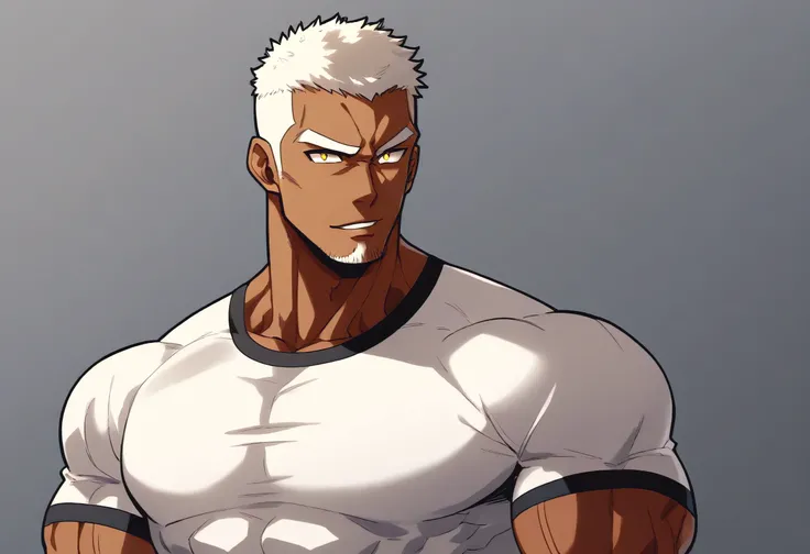 anime characters:Black man, Fitness coach, Dark black skin tone, His skin is pitch black., 1 muscular tough guy, Manliness, male focus, Cream Lycra T-shirt, Very tight, The pectoral muscles are oversized, Slightly transparent, muscular male, muscular, only...
