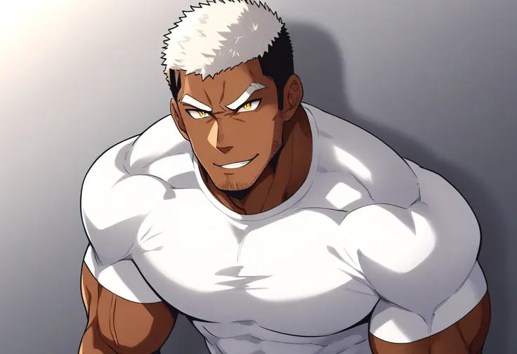 anime characters:Black man, Fitness coach, Dark black skin tone, His skin is pitch black., 1 muscular tough guy, Manliness, male focus, Cream Lycra T-shirt, Very tight, The pectoral muscles are oversized, Slightly transparent, muscular male, muscular, only...