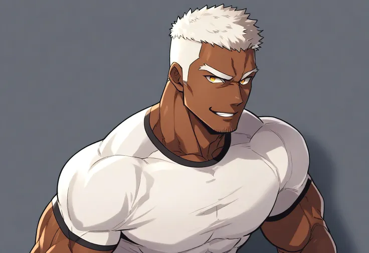 anime characters:Black man, Fitness coach, Dark black skin tone, His skin is pitch black., 1 muscular tough guy, Manliness, male focus, Cream Lycra T-shirt, Very tight, The pectoral muscles are oversized, Slightly transparent, muscular male, muscular, only...