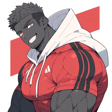 anime characters：Priapus, Black Black Skin Muscle Sports Student, Manliness, male focus, Red Sports tight hooded sweatshirt,  Wear a high-necked tights underneath, Very tight, Huge pectoral muscles, muscular male, muscular, Perfect muscular waist, only, Up...