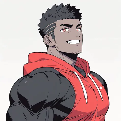 anime characters:Priapus, Black Black Skin Muscle Sports Student, Manliness, male focus, Red Sports tight hooded sweatshirt, Wear a high-necked tights underneath, Very tight, Huge pectoral muscles, muscular male, muscular, Perfect muscular waist, only, Up...