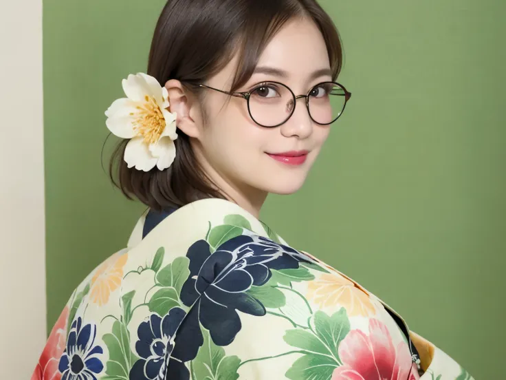 2 (20-year-old woman,Short Hair) , (A kind smile) , (kimono), (colorful), (Japanese painting by Uemura Shōen), flower, Glasses