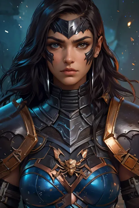 A beautiful woman wearing black armor with a scorpion motif. She is a large muscular woman. He has long dark brown hair and a slightly square and angular face. Late twenties. Copper-colored skin. She wears black armor with a scorpion theme. She is staring ...