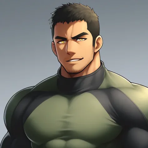 anime characters:Gyee Chris Redfield, Muscle Sports Student, negro black skin, 1 dark skin muscular tough guy, Manliness, male focus, Military Green Camouflage High Neck Long Sleeve Tight T-Shirt, Very tight, Very Big full and perky chest muscles, Slightly...