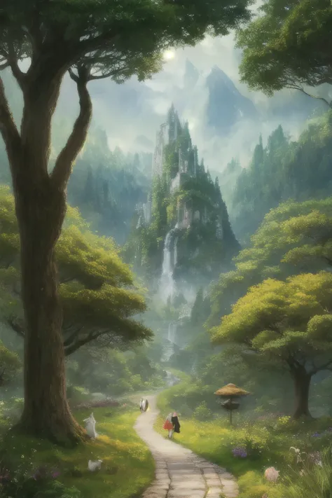 masterpiece, 最high quality, high quality,Highly detailed CG unity 8k wallpaper, Enchanting and dreamy fantasy forest scenery, Towering Tree々Together, Strangely-shaped cat, Kitten walking, Woman&#39;s whole body