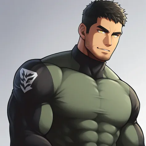 anime characters：Gyee Chris Redfield, Muscle Sports Student, negro black skin, 1 dark skin muscular tough guy, Manliness, male focus, Military Green Camouflage High Neck Long Sleeve Tight T-Shirt, Very tight, Very Big full and perky chest muscles, Slightly...