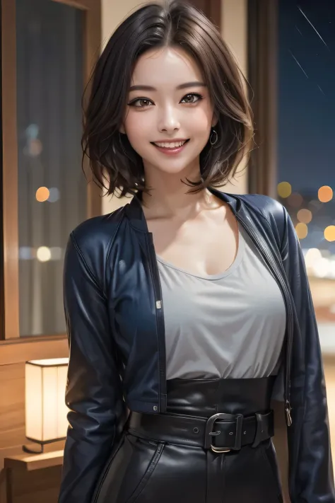 (highest quality, 8k, 32K, masterpiece), (Realistic), (Realistic:1.2), (High resolution), (night:1.7), Japan, cyberpunk, 街の景Color, In Front of the window,Flooring, Blue jacket, Grey Shirt, clavicle, jewelry, gem, Bob, 1 female, 4, (Grin), Beautiful body, b...