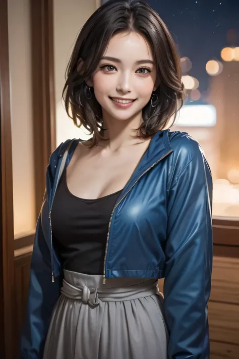 (highest quality, 8k, 32K, masterpiece), (Realistic), (Realistic:1.2), (High resolution), (night:1.7), Japan, cyberpunk, 街の景Color, In Front of the window,Flooring, Blue jacket, Grey Shirt, clavicle, jewelry, gem, Bob, 1 female, 4, (Grin), Beautiful body, b...