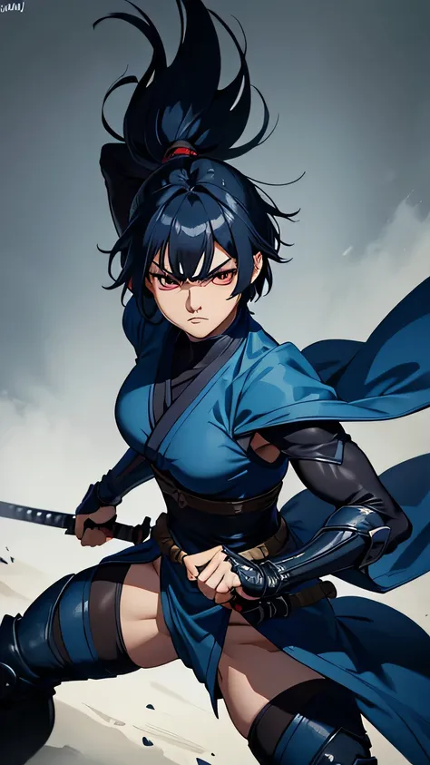 fantasy costume, ninja costume, short hair, dark blue hair, clear face, red eyes, bad mood, battoujutsu stance,weapon, cowboy shot, super detail, high details, high quality, high quality, textured skin, anatomically correct