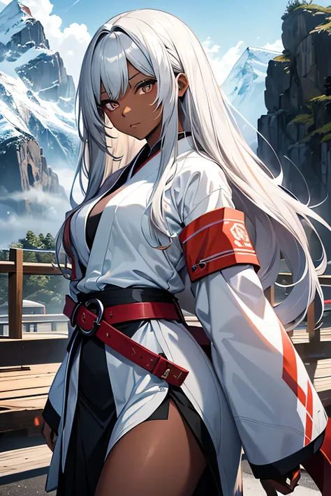 1 young adult girl, dark skin, silver long hair, silver eyes, white karatê gi kimono, side leg openings, medium breasts, red belt, mountain background