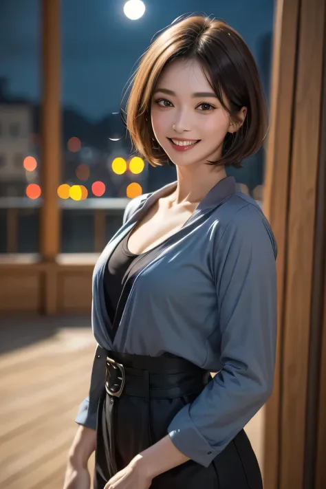 (highest quality, 8k, 32K, masterpiece), (Realistic), (Realistic:1.2), (High resolution), (night:1.7), Japan, cyberpunk, 街の景Color, In Front of the window,Flooring, Blue jacket, Grey Shirt, clavicle, jewelry, gem, Bob, 1 female, 4, (Grin), Beautiful body, b...