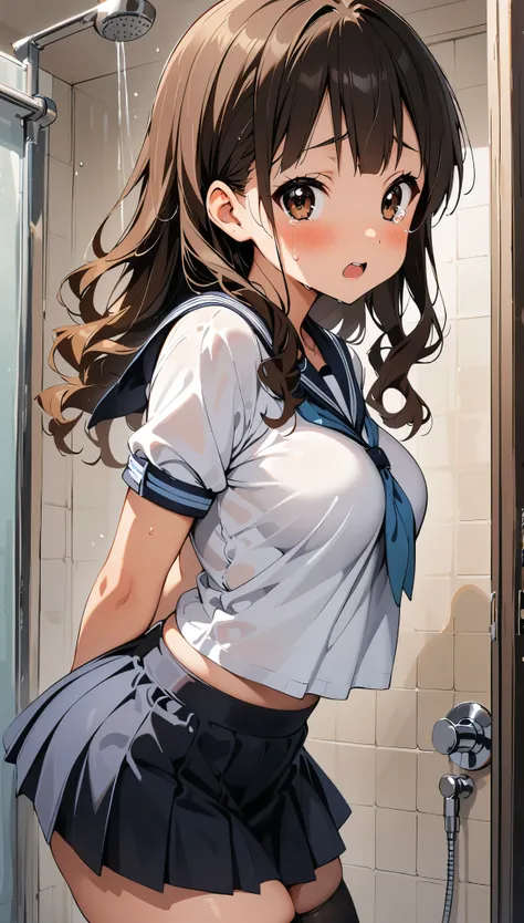 (curvy, medium breasts, tented shirt), (Sticky Sailor uniform, mini skirt), ((1girl, wakaouji ichigo, K-On!)), beautiful detailed eyes, black eyes,(cute eyes), black thigh highs, arms behind back, (Carving Waistline), Shower room, (cowboy shot, from left s...