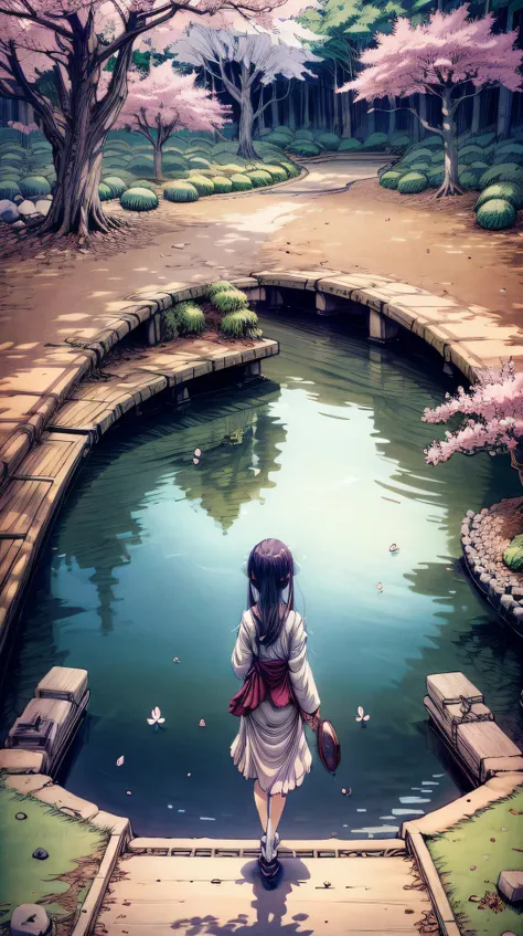 "little girl in anime-style tranquil Japanese garden in spring, with cherry blossoms gently falling, peaceful surroundings give the scene a cozy, meditative atmosphere."