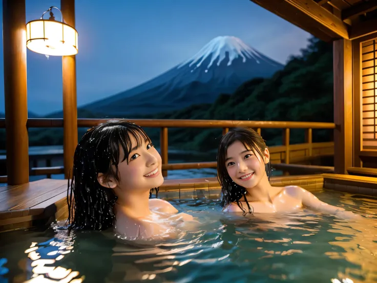 ((Hot spring with a great view of Mount Fuji. Mount Fuji:1.3)), (Tabletop:1.3), (8k, Realistic, RAW Photos, Best Quality: 1.4), Japanese, woman, Two people, (((Completely naked:1.4))), (((Two peopleの女の子:1.4))), (Huddle together:1.4), Beautiful Face, (Reali...