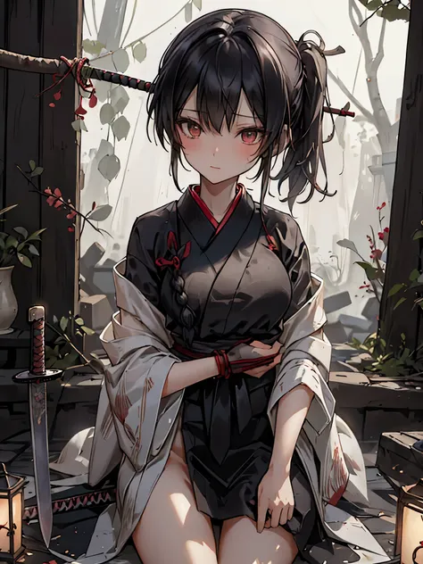 Temple grounds at night、The area is devastated by the fires of war.、The moonlight is pouring in、Beautiful and Rin々Shii、A Japanese girl、Black Hair、Small beautiful breasts、A disheveled kimono is draped over the naked body.、Standing there crying、Braided Pigta...