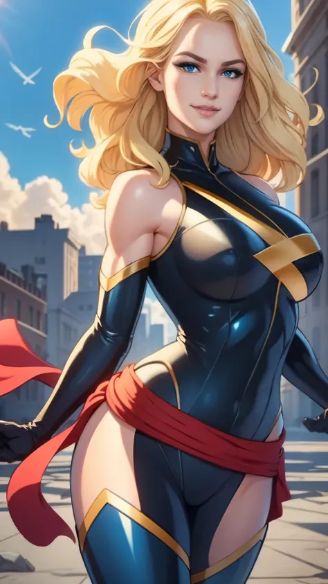 carol danvers da marvel,(best qualityer,4k,8k,high resolution,work of art:1.2)(weather: windy), new york background, battle ruin...