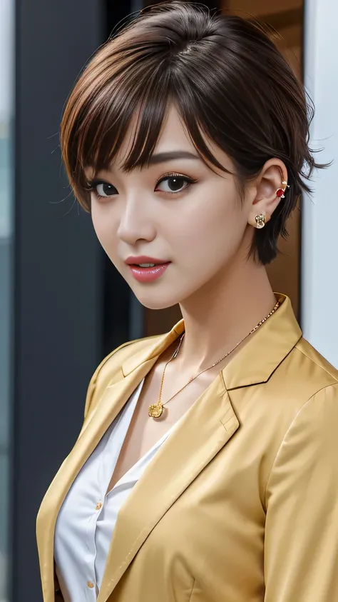 RAW Photo High Resolution, Very detailed, intricate details, 、ear piercing、、Short Hair、Dark Brown Hair、Office Lady Suits 、jacket、shirt、Heavy makeup、Necklace on neck、, The background is the office
