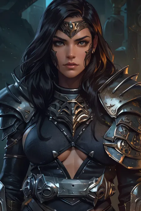 A woman dressed in black armor with a scorpion motif.A beautiful woman. She is a large man with muscular muscles. She has long dark brown hair.The face is slightly square and angular. Late twenties. Copper-colored skin. she wears black, scorpion-themed arm...