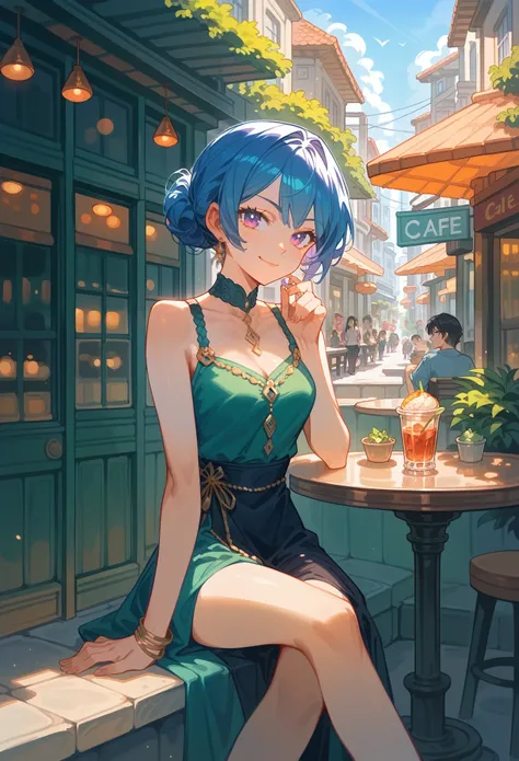 score_9,score_8_up,score_7_up, anime art style, calm street, sitting outside of cafe, 1girl, beautiful girl, fashionable clothes, stylish pose, high ego smirk, highest resolution