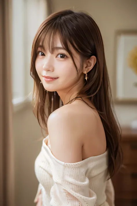 Full body portrait、Beauty、Well-formed face、20-year-old、Uniform eyes、Small face、, light brown hair, hair over shoulder, parted bangs, straight hair, expressive hair, shiny hair, earrings, seductive smile, Completely naked、Medium build、Small Bust, Surrealism...