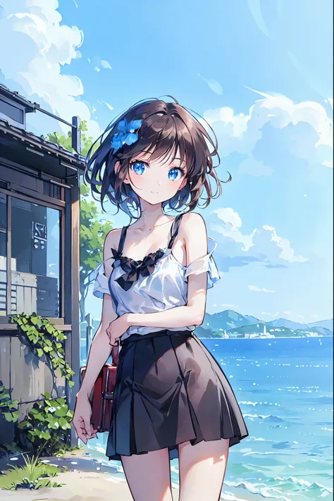 ((masterpiece)), (anime:1.5), ((Best Quality)), (RAW Photos:1.2), (High resolution:1.5), (Professional photography:1.5), (chromatic aberration), Lighthouse,Two wind turbines at the top of a hill,Distant Sea, early summer,Beautiful sky, One Girl, (Serious),...