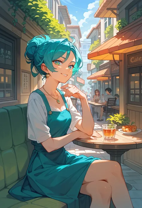 score_9_up,score_8_up,score_7_up, anime art style, calm street, sitting outside of cafe, 1girl, beautiful girl, fashionable clothes, stylish pose, high ego smirk, highest resolution