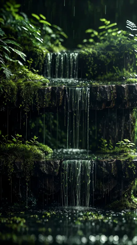 miniforest, no humans,blurry_foreground, outdoors, water, rain, waterfall, green theme,mountain,