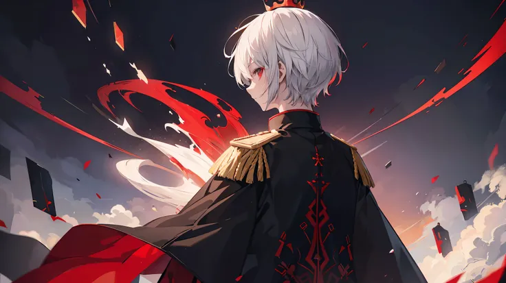 Painting from behind、The back is depicted。Red moon background、Red night sky background、White Hair、Short Hair、He is wearing a black military uniform and a black cape with red embroidery.。The cape has a gold upside-down crown embroidered on it.。Wearing a red...